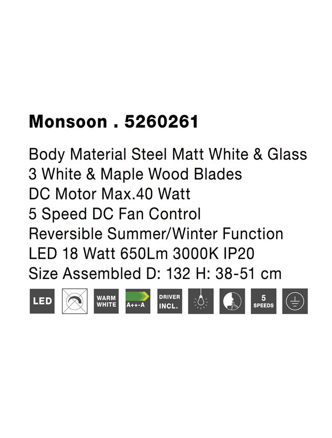 Висящо осветително тяло (пендел) MONSOON 40W Стомана и стъкло с бели/дъбови перки вентилатор Ø132 H38-51см