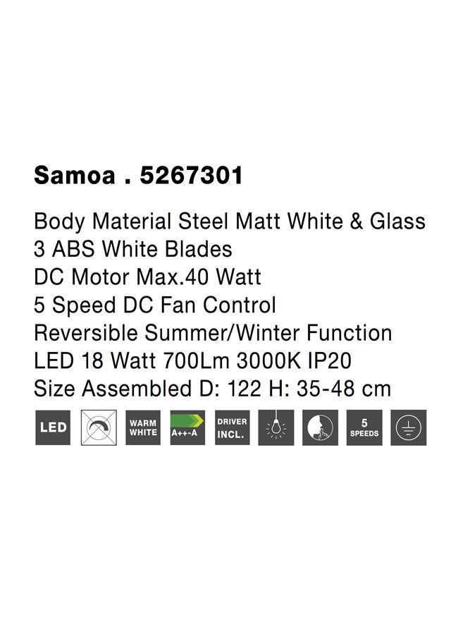 Висящо осветително тяло (пендел) SAMOA 42W Стомана и стъкло ABS перки бял/черен вентилатор Ø122 H35-48см