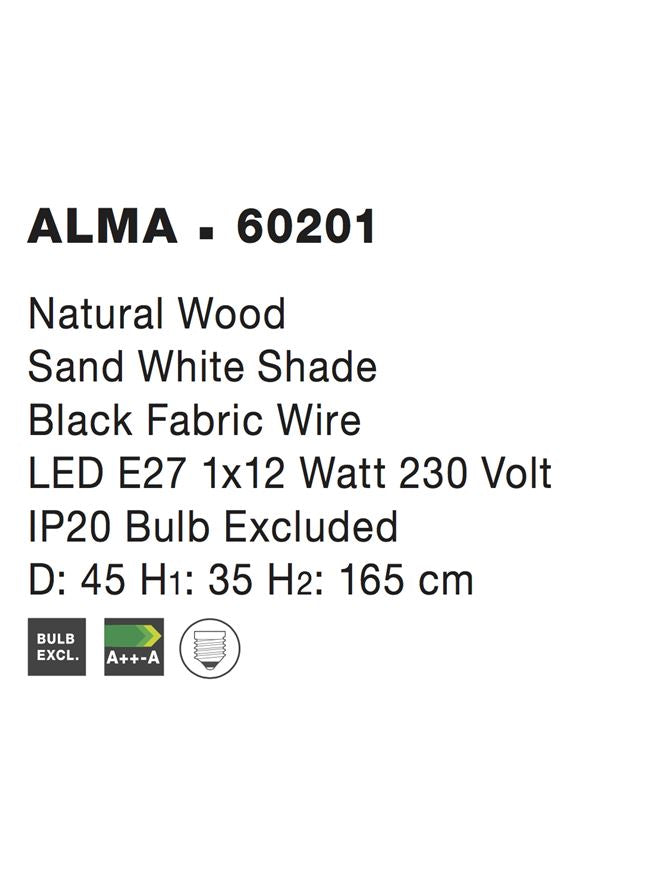 Висящо осветително тяло (пендел) ALMA 12W E27 Натурално дърво, пясъчно бял абажур, черен текстилен кабел