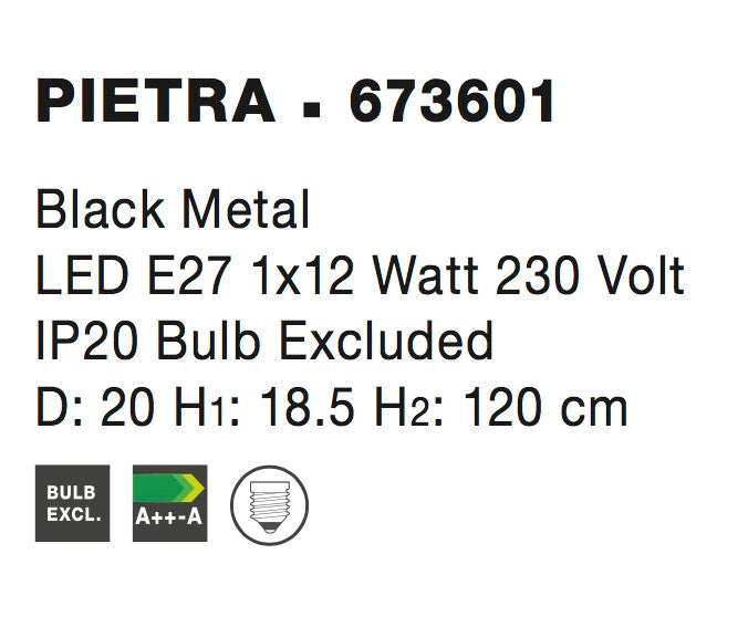 Висящо осветително тяло (пендел) PIETRA 12W Черен метал Регулируема височина