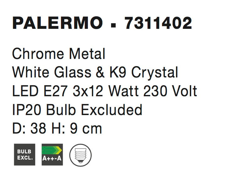Висящо осветително тяло (пендел) PALERMO 3x12W LED Хромиран метал Бяло стъкло с кристали