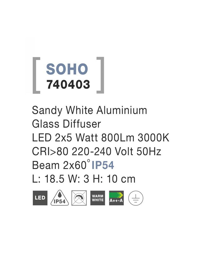 Външен аплик SOHO 2x5W LED Пясъчно бял алуминий и стъкло IP54 3000K