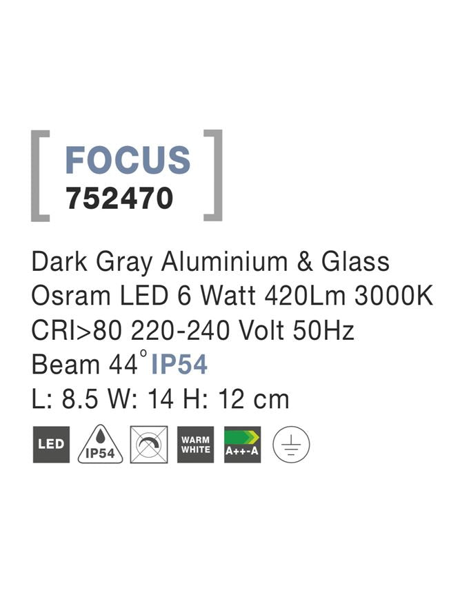 Външен аплик FOCUS 6W LED Тъмен антрацит алуминий и стъкло IP54 3000K