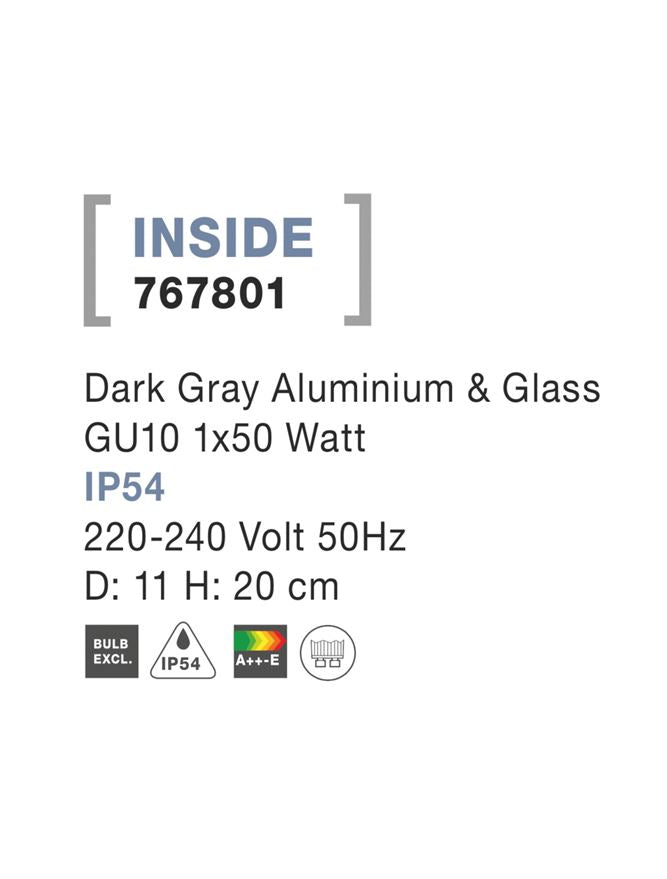 Външен аплик INSIDE LED GU10 10W Тъмен сив алуминий и стъкло IP54