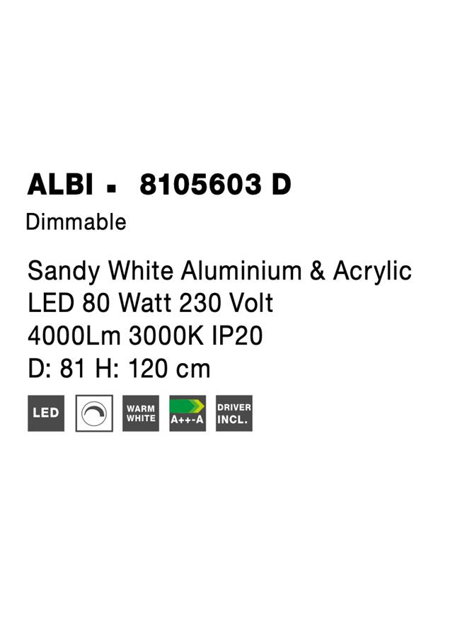 Висящо осветително тяло (пендел) ALBI 80W Пясъчно бял алуминий и акрил LED Триак димируем Регулируема височина