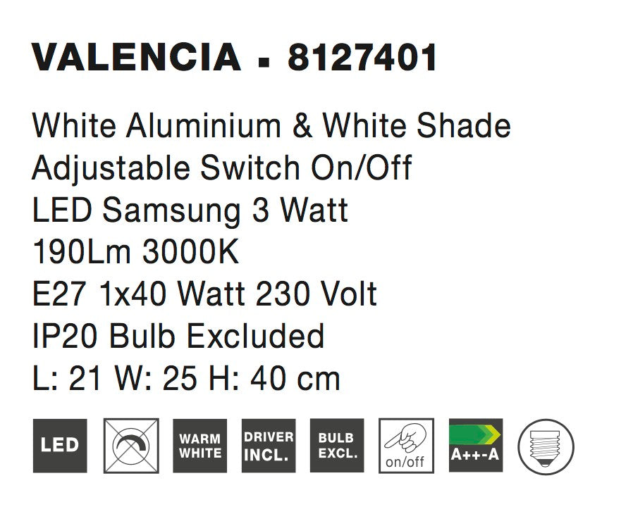 Висящо осветително тяло (пендел) VALENCIA LED E27 15W Бял алуминий и бял абажур Регулируем