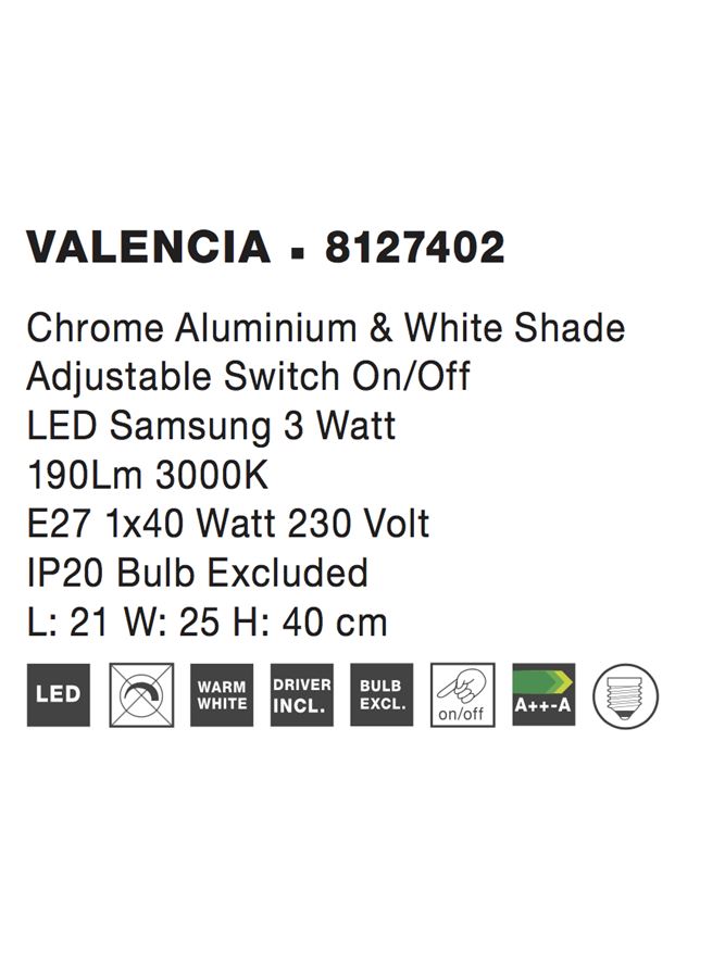 Висящо осветително тяло (пендел) VALENCIA LED E27 15W Хромиран алуминий и бял абажур Регулируем