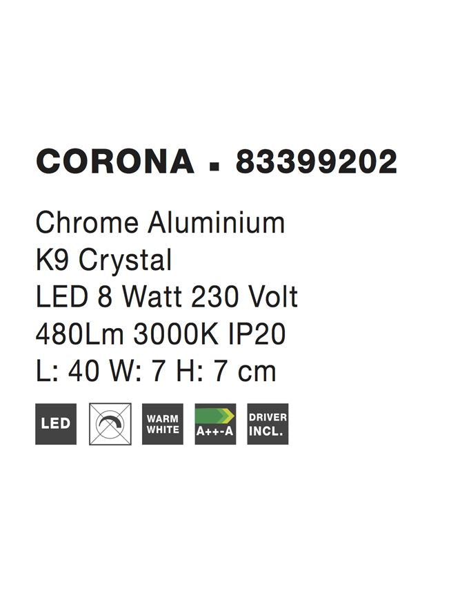 Висящо осветително тяло (пендел) CORONA 8W LED Хромиран алуминий и K9 кристал L40 W7 H7см