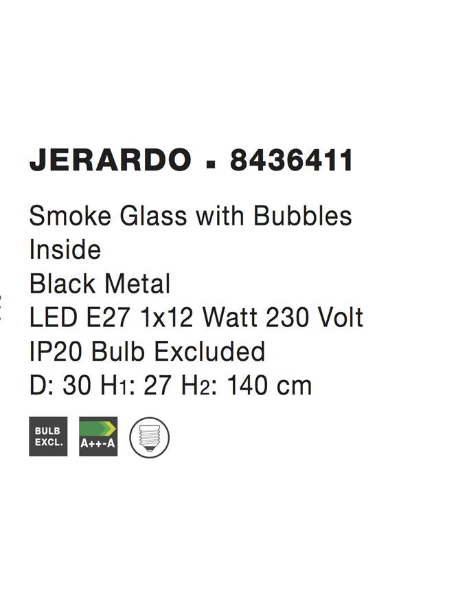 Висящо осветително тяло (пендел) JERARDO 12W LED E27 Черен, опушено стъкло с балончета ⌀30