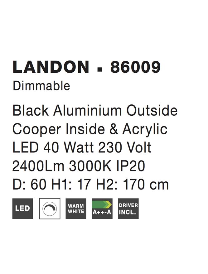 Висящо осветително тяло (пендел) LANDON 41W Черен алуминий с меден вътрешен акрил LED Триак димируем Регулируема височина