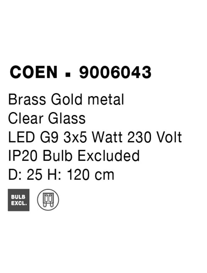 Висящо осветително тяло (пендел) COEN LED 15W G9 Златист месинг Прозрачно структурирано стъкло Регулируема височина ⌀25 H180см