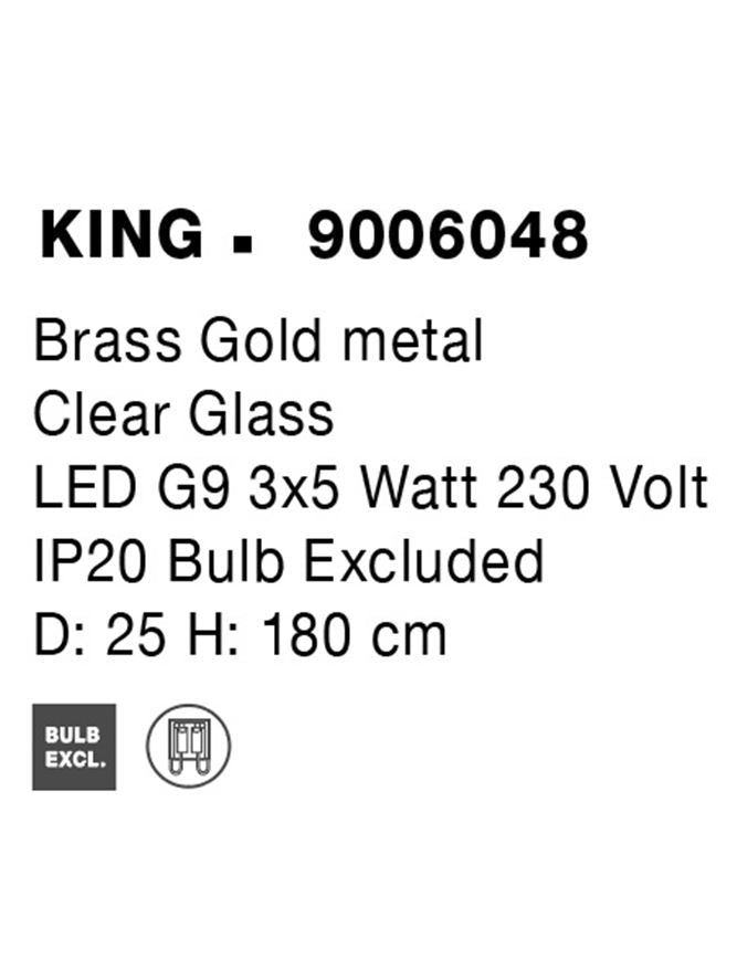 Висящо осветително тяло (пендел) KING LED 15W G9 Златист месинг Прозрачно стъкло Регулируема височина ⌀25 H180см