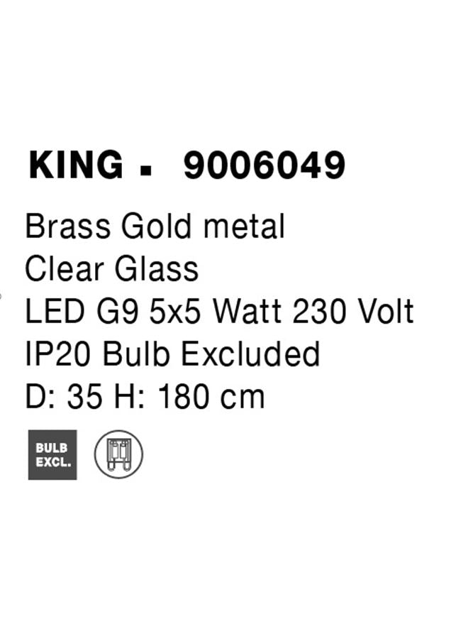 Висящо осветително тяло (пендел) KING LED 25W G9 Златист месинг Прозрачно стъкло Регулируема височина ⌀35 H180см