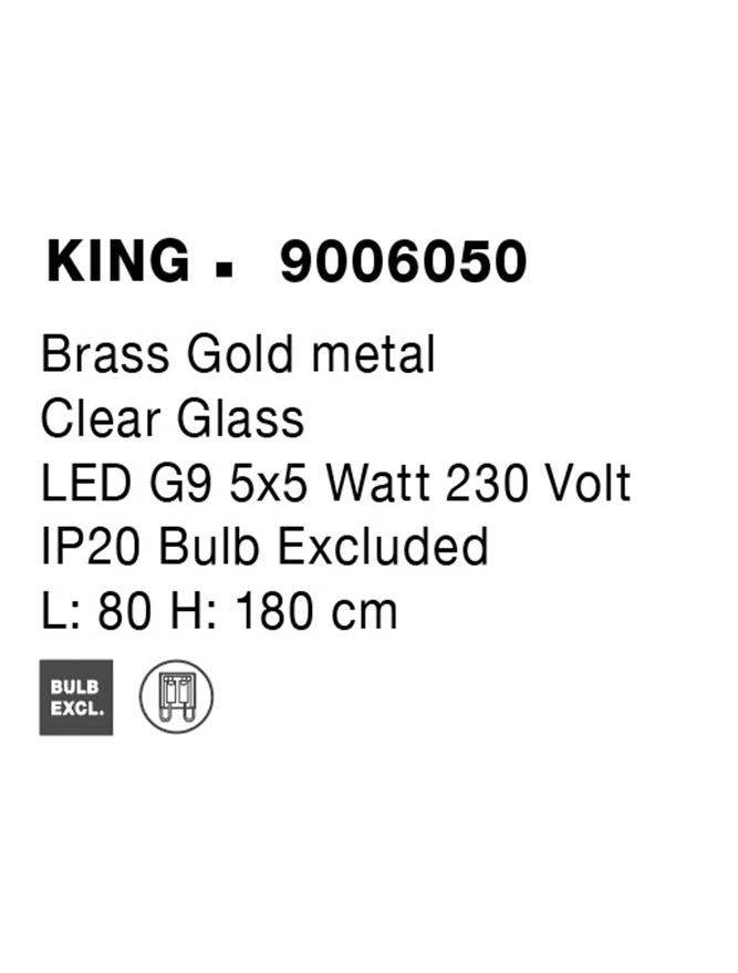 Висящо осветително тяло (пендел) KING LED 25W G9 Златист месинг Прозрачно стъкло Регулируема височина L80 W16 H180см