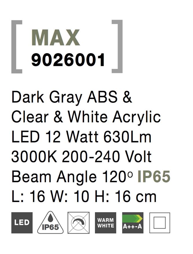 Външен аплик MAX 12W Тъмен сив ABS прозрачен акрил IP65