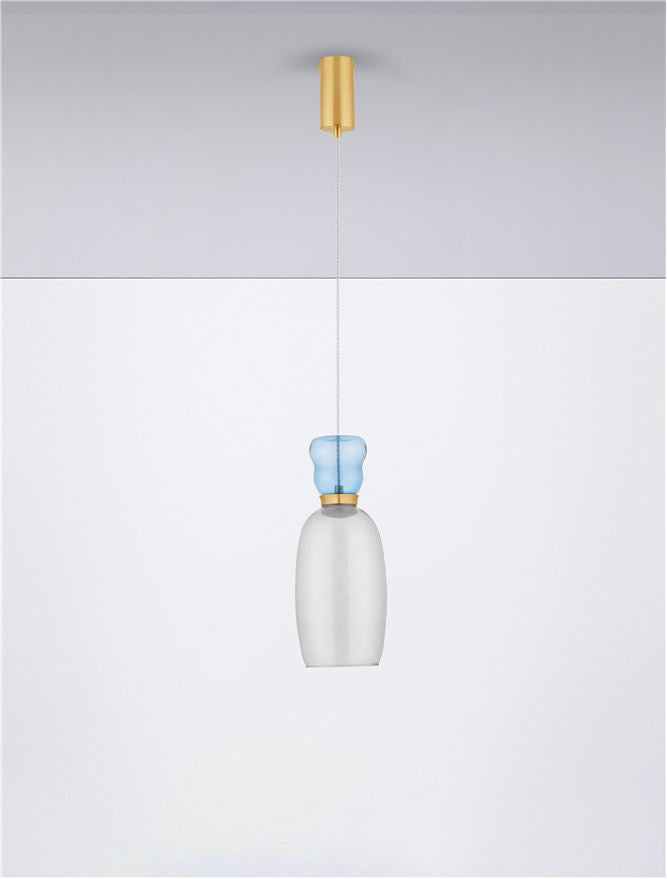 Висящо осветително тяло (пендел) PLUMA 9W LED Златист метал Светлосиньо и опушено стъкло ⌀15 H179см
