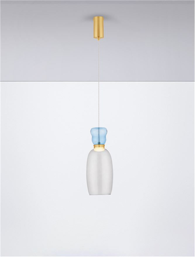 Висящо осветително тяло (пендел) PLUMA 9W LED Златист метал Светлосиньо и опушено стъкло ⌀15 H179см