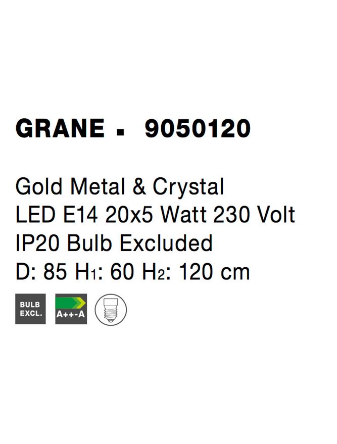 Висящо осветително тяло (пендел) GRANE 100W Златист метал кристал E14 Регулируема височина