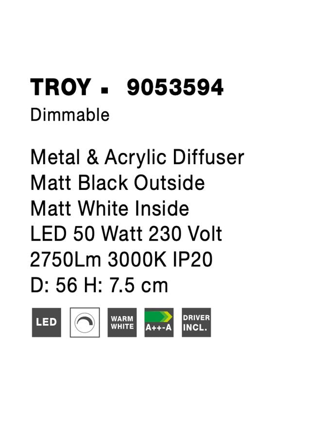 Висящо осветително тяло (пендел) TROY 50W LED Матово черен метал акрил ⌀56 H7.5см