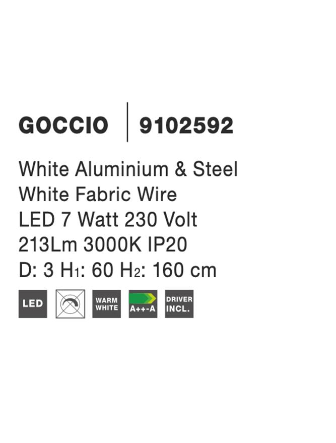 Висящо осветително тяло (пендел) GOCCIO LED 6W 230V Бял алуминий и стомана Бял текстилен шнур Регулируема височина ⌀3 H60-160см
