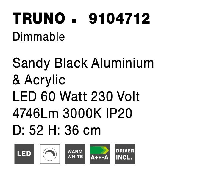 Висящо осветително тяло (пендел) TRUNO 60W Триак димируем Пясъчно черен алуминий и акрил