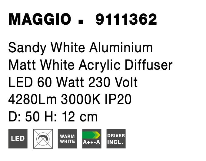 Висящо осветително тяло (пендел) MAGGIO 60W LED Пясъчно бял алуминий матово бял акрил ⌀50 H12см