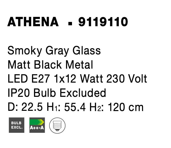 Висящо осветително тяло (пендел) ATHENA 12W E27 Матово черен Опушено сиво стъкло