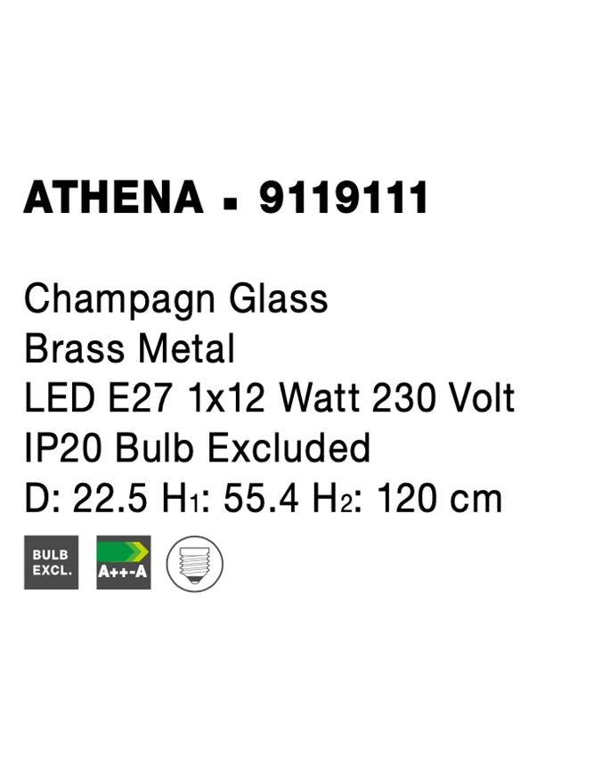 Висящо осветително тяло (пендел) ATHENA 12W E27 Златист месинг Шампанско стъкло