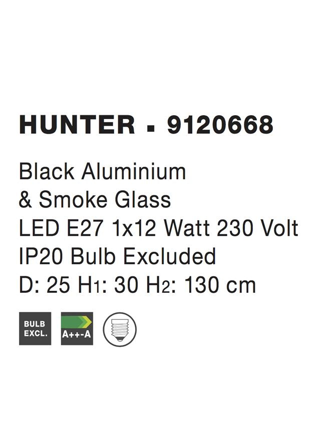 Висящо осветително тяло (пендел) HUNTER 12W E27 Матово черен алуминий Опушено стъкло Регулируема височина