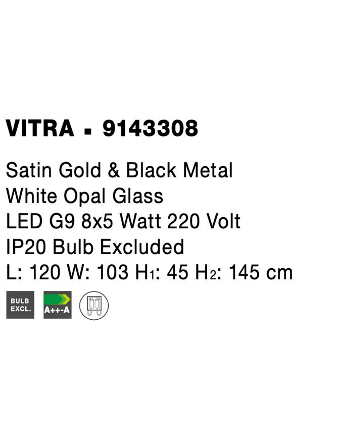 Висящо осветително тяло (пендел) VITRA 40W LED G9 Златист сатен и черен метал, бяло опалово стъкло L120 W103 H145см Регулируема височина