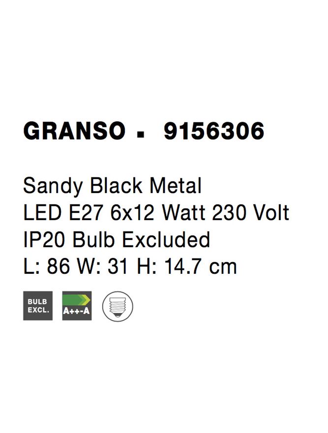 Висящо осветително тяло (пендел) GRANSO 6x12W E27 Пясъчно черен метал