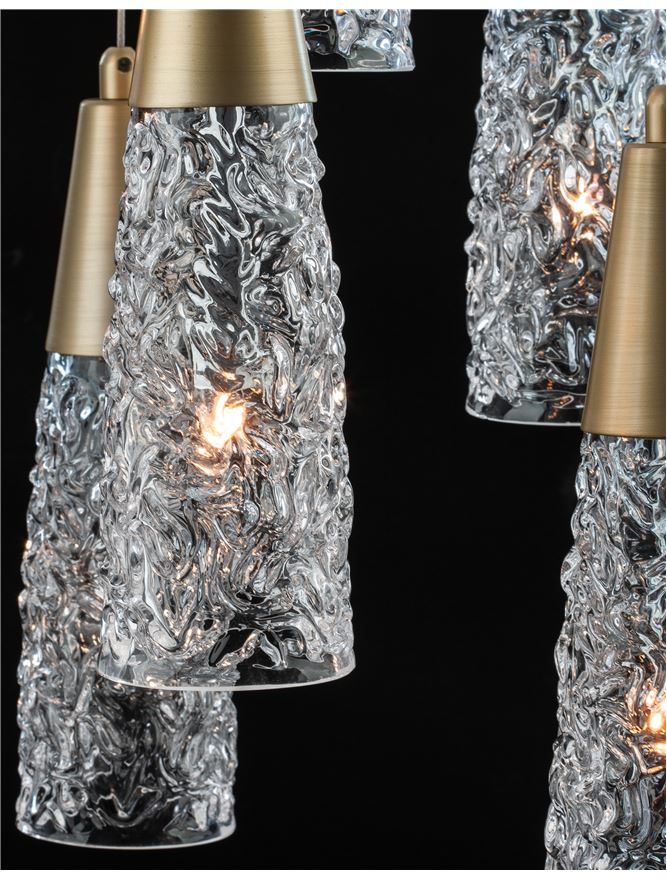 Висящо осветително тяло (пендел) KOVAC LED 30W G9 Златист месинг Прозрачно структурирано стъкло Регулируема височина ⌀35 H180см
