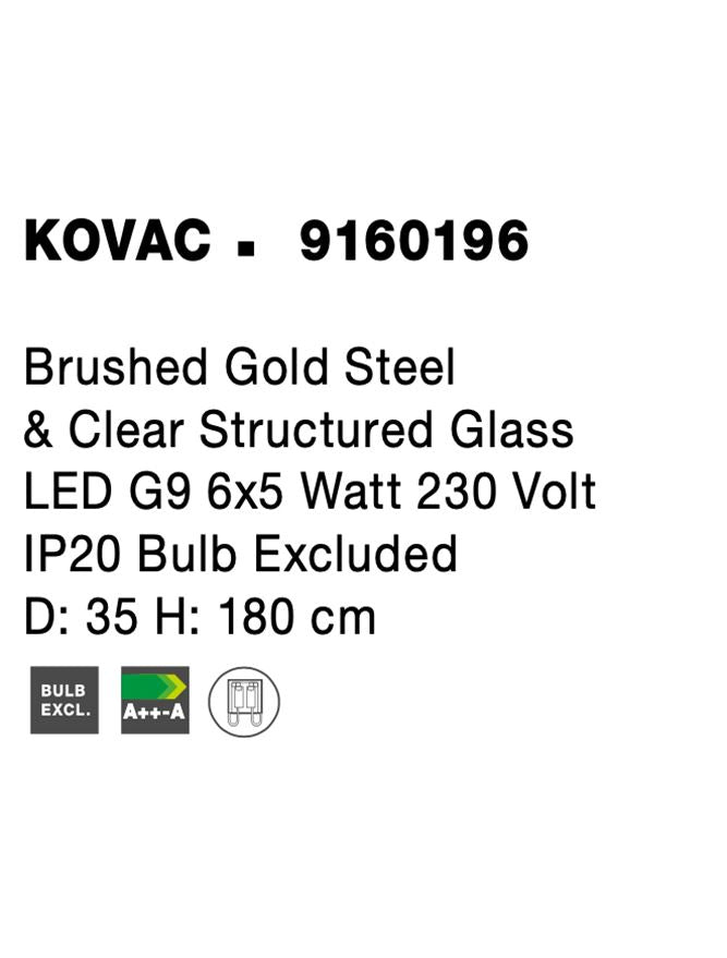 Висящо осветително тяло (пендел) KOVAC LED 30W G9 Златист месинг Прозрачно структурирано стъкло Регулируема височина ⌀35 H180см