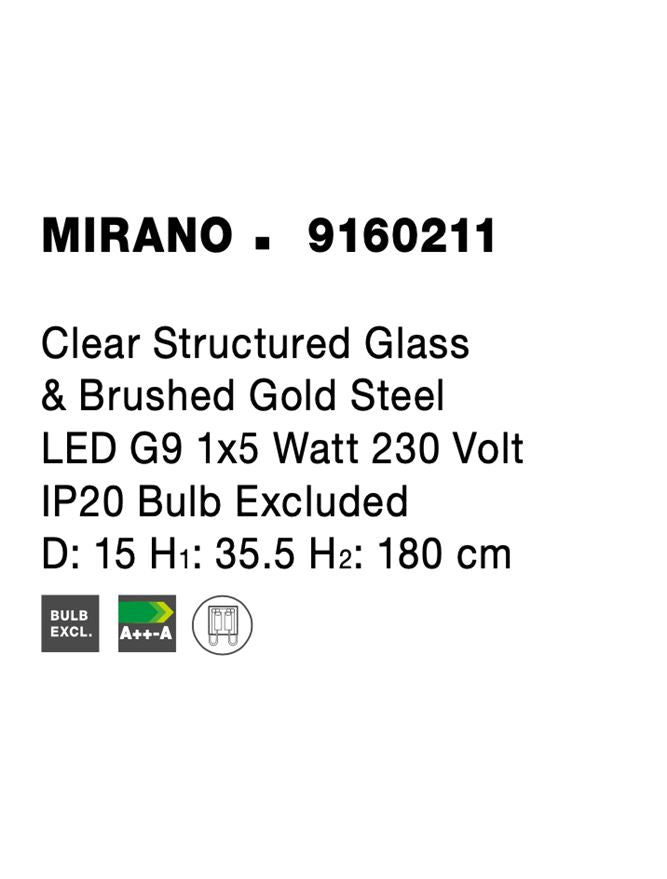 Висящо осветително тяло (пендел) MIRANO LED 5W G9 Златист месинг Прозрачно структурирано стъкло Регулируема височина ⌀15 H180см