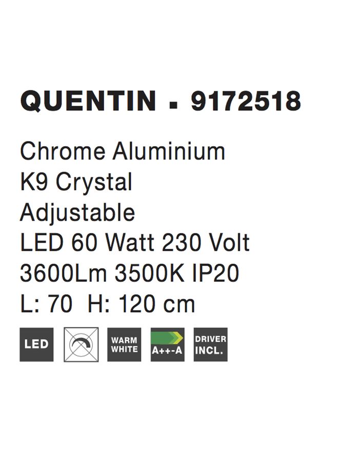 Висящо осветително тяло (пендел) QUENTIN 60W LED Хромиран алуминий и K9 кристал ⌀70 H120см Регулируема и въртяща