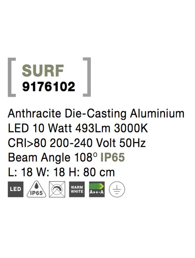 Външен аплик SURF LED 8W Тъмен антрацит алуминий L18 W18 H80см IP65