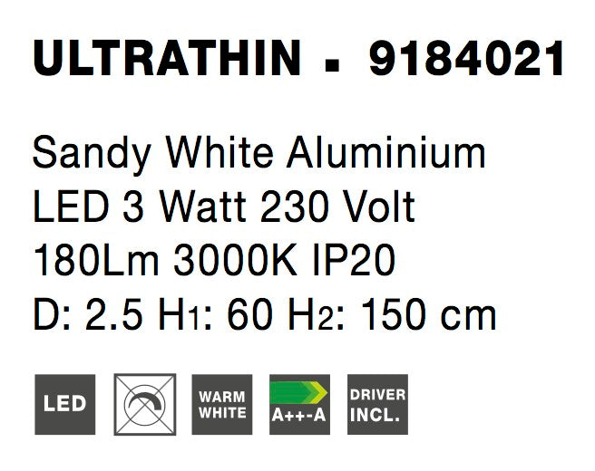Висящо осветително тяло (пендел) ULTRATHIN LED 3W 230V Пясъчно бял алуминий Регулируема височина ⌀2.5 H60-150см