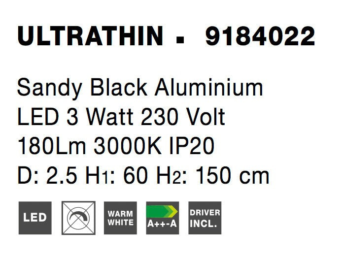 Висящо осветително тяло (пендел) ULTRATHIN LED 3W 230V Пясъчно черен алуминий Регулируема височина ⌀2.5 H60-150см