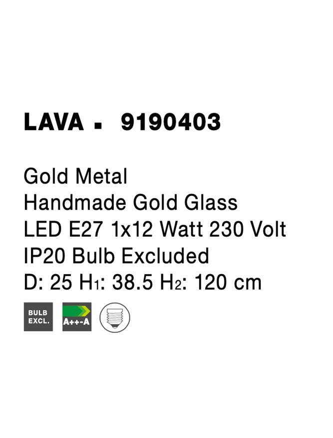 Висящо осветително тяло (пендел) LAVA 12W E27 Златен Метал Ръчно изработено златно стъкло