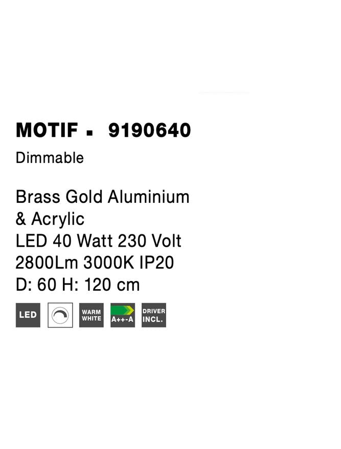 Висящо осветително тяло (пендел) MOTIF LED 40W 230V Триак димируем Златист месинг алуминий и акрил Регулируема височина ⌀60 H200см