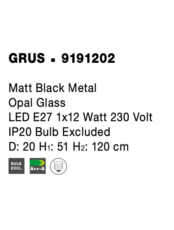 Висящо осветително тяло (пендел) GRUS 12W LED E27 Матово черен, опалово стъкло