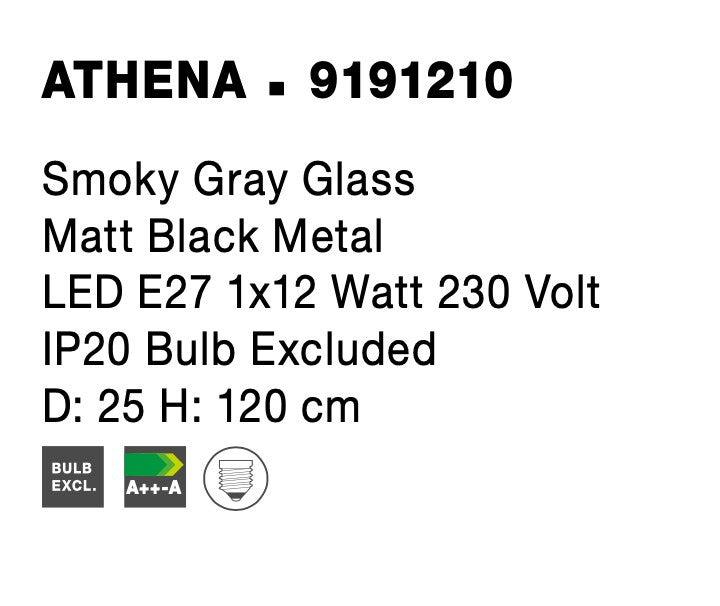 Висящо осветително тяло (пендел) ATHENA 12W E27 Матово черен Опушено сиво стъкло