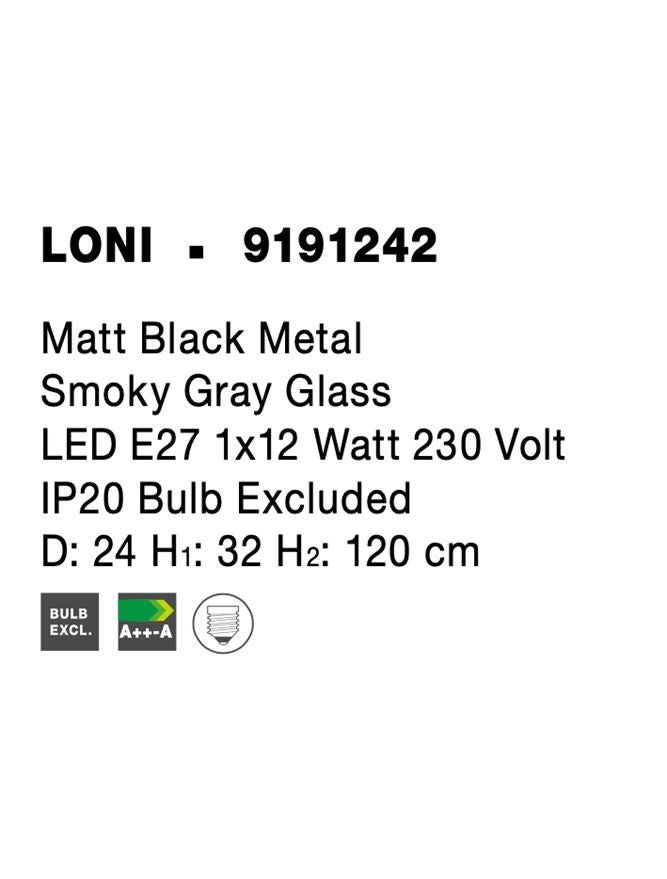 Висящо осветително тяло (пендел) LONI 12W E27 Матово черен Опушено сиво стъкло