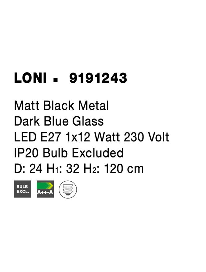 Висящо осветително тяло (пендел) LONI 12W E27 Матово черен Тъмносиньо стъкло