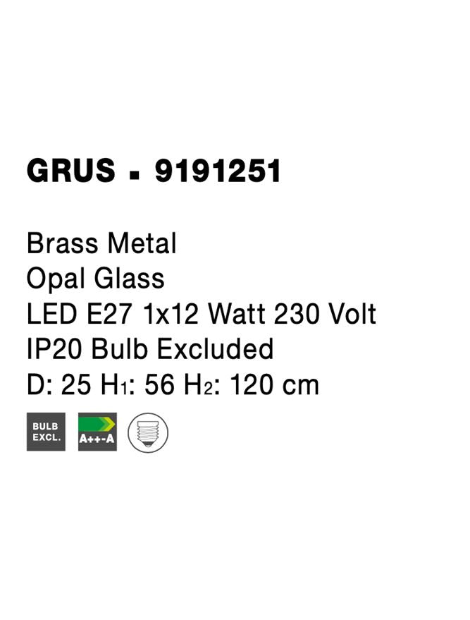 Висящо осветително тяло (пендел) GRUS 1x12W E27 Месинг метал опалово стъкло ⌀25 H56/120см Регулируема височина