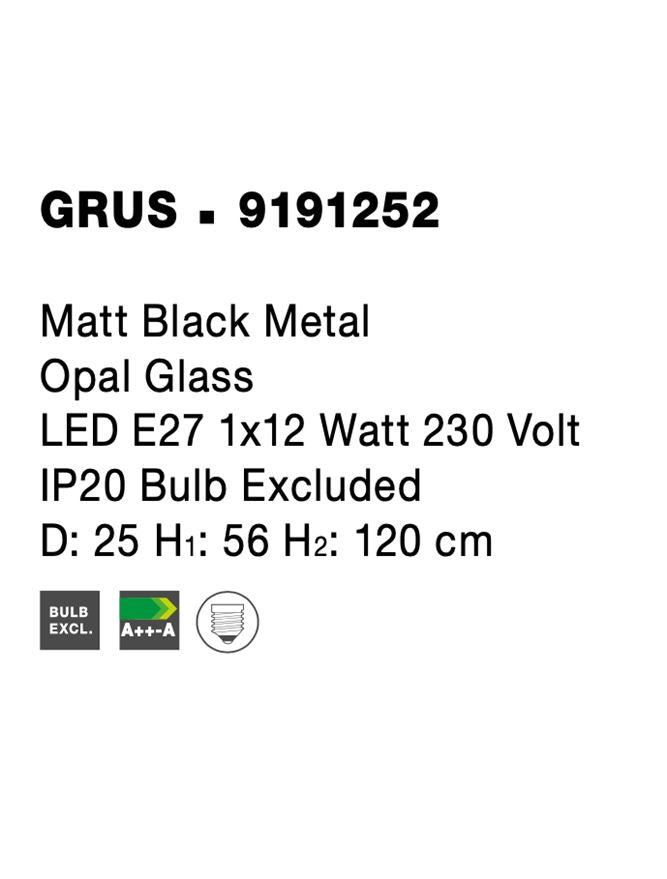 Висящо осветително тяло (пендел) GRUS 12W LED E27 Матово черен, опалово стъкло ⌀25