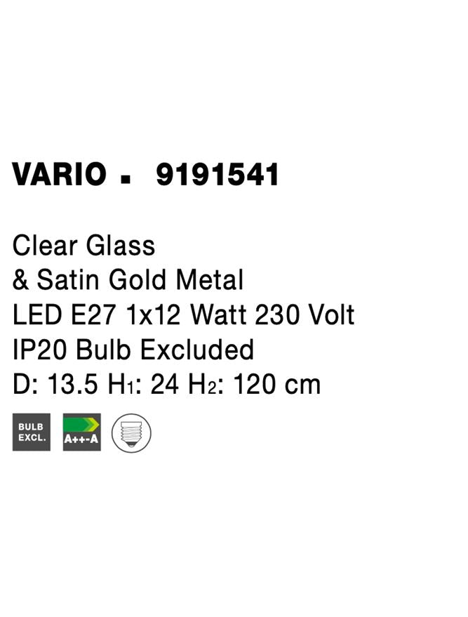 Висящо осветително тяло (пендел) VARIO 12W E27 Златен Прозрачно стъкло ⌀13.5 H120см Регулируема височина