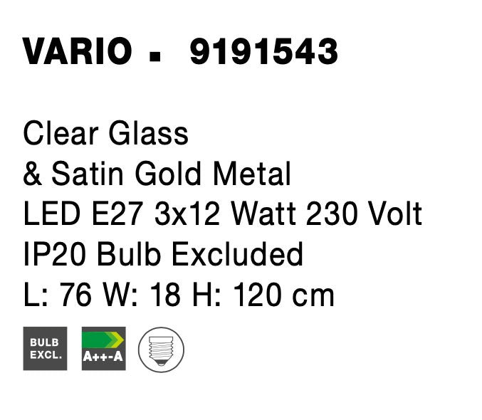 Висящо осветително тяло (пендел) VARIO 36W E27 Златен Прозрачно стъкло L76 W18 H120см Регулируема височина