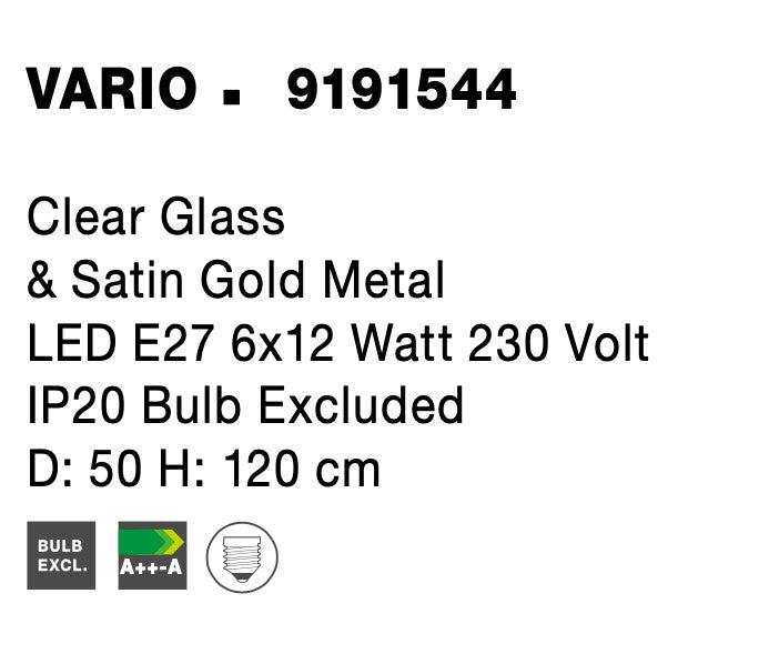 Висящо осветително тяло (пендел) VARIO 72W E27 Златен Прозрачно стъкло ⌀50 H120см Регулируема височина