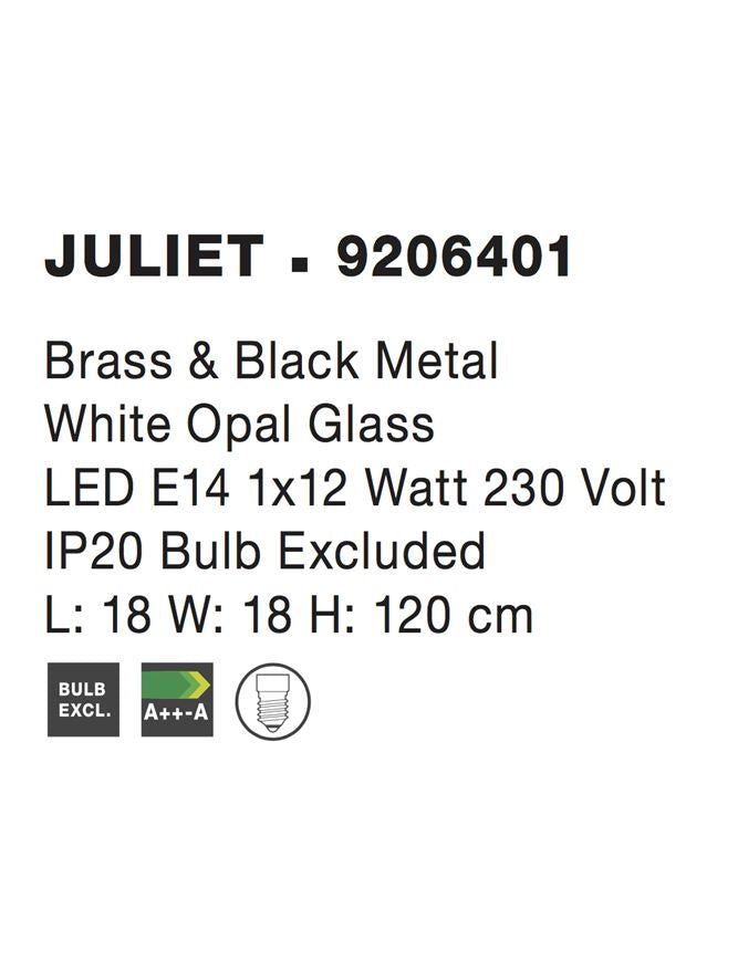 Висящо осветително тяло (пендел) JULIET 1x5W E14 Черен метал месинг бял опалово стъкло L18 W18 H120см Регулируема височина